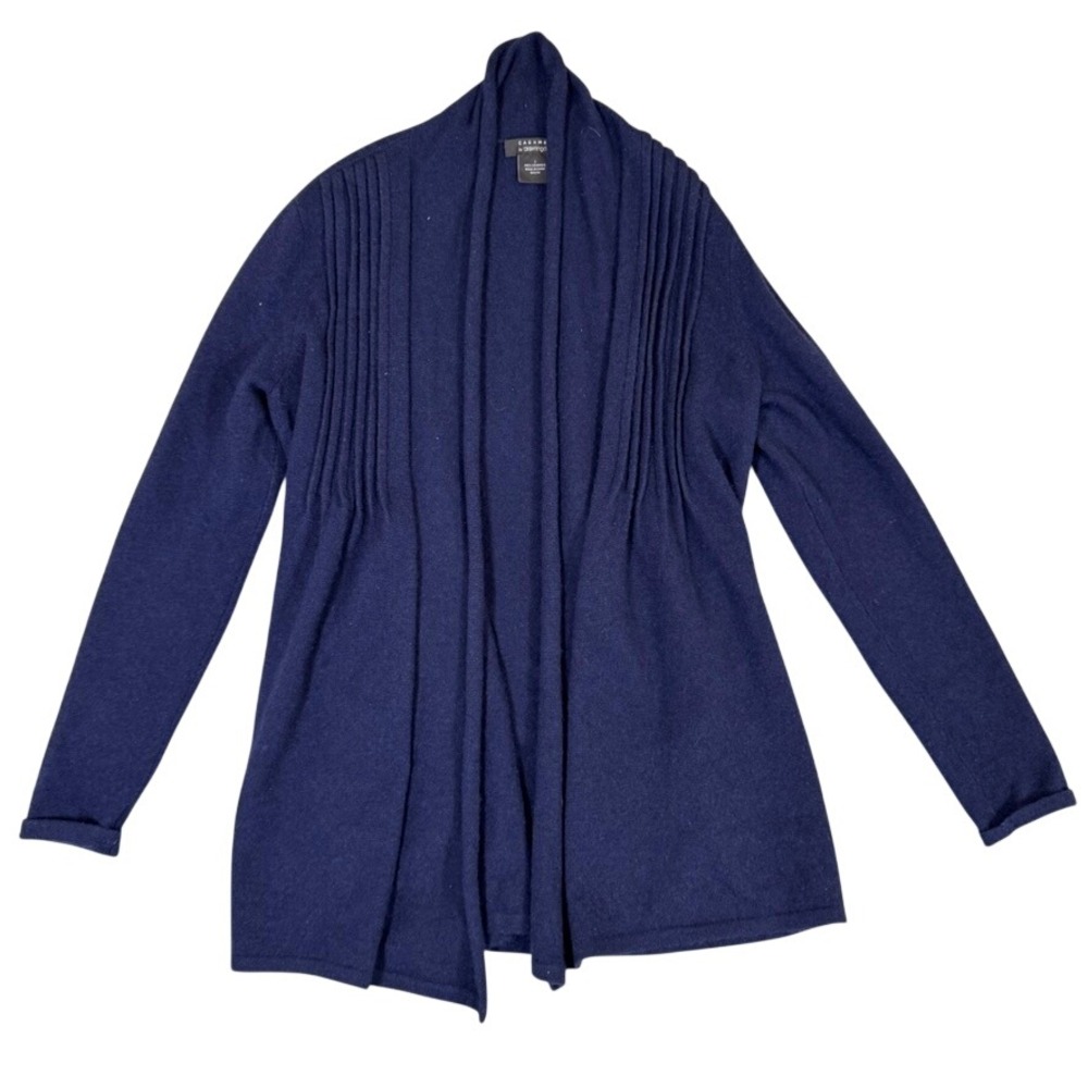 Bloomingdale's Navy Blue 100% Cashmere Open Front Pintuck Cardigan Sweater Small